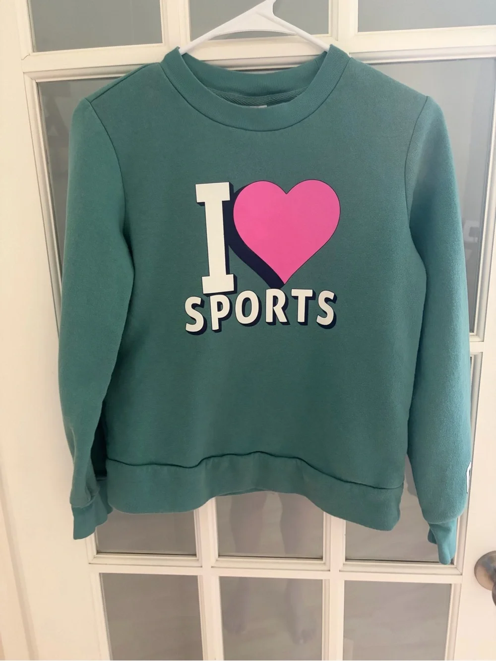 GAP Teal Crewneck Sweatshirt with Pink Heart 'I ♥ SPORTS' Graphic